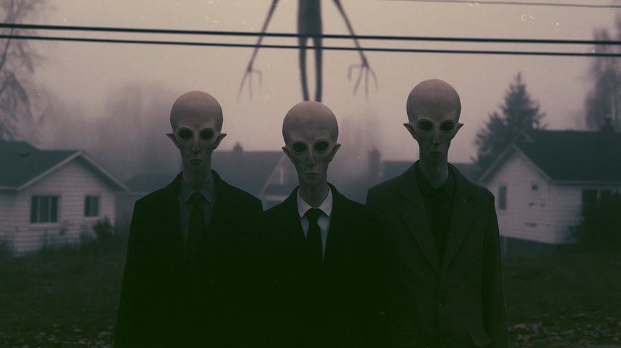 Three humanoid figures with bald heads and large dark eyes wearing suits standing outdoors with fog and houses in the background