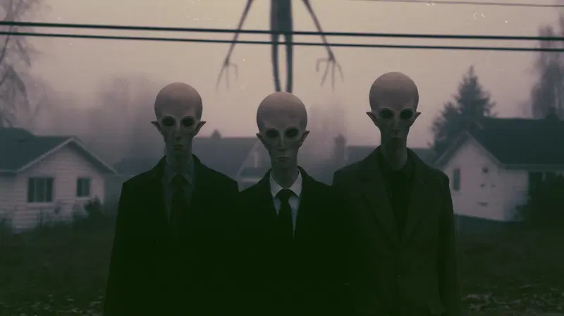 Dark and eerie artwork featuring mysterious figures with large eyes in a foggy suburban setting