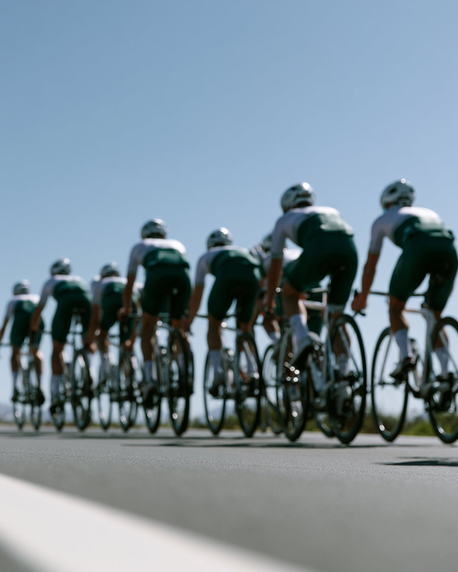 Group of cyclists in green and white riding on a road under a clear blue sky, viewed from behind