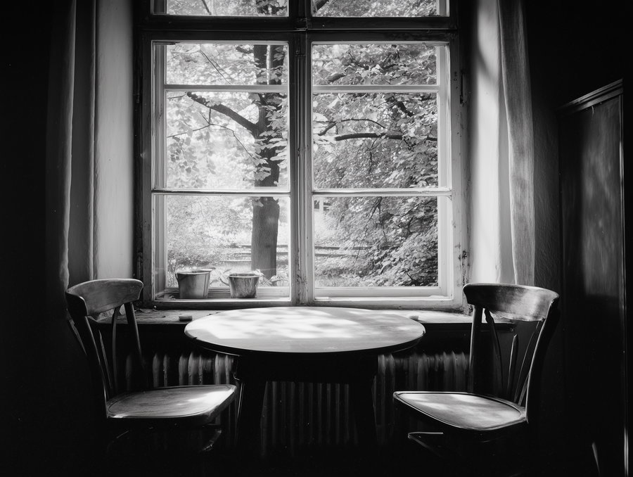 Black and white image of a round table and two wooden chairs in front of a window with a view of tree branches outside