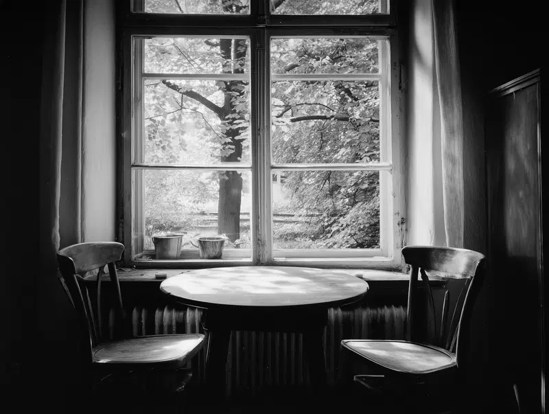 Minimalist black and white photo of a small table with two chairs by a window