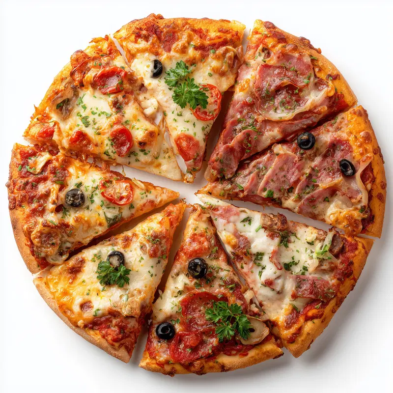 Delicious pizza with assorted toppings arranged in slices on white background