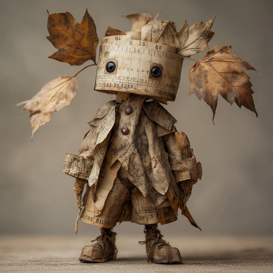 A small doll crafted from aged paper with printed numbers, decorated with dried leaves for hair, button eyes, and dressed in a paper outfit with button details, standing on a textured surface against a neutral background