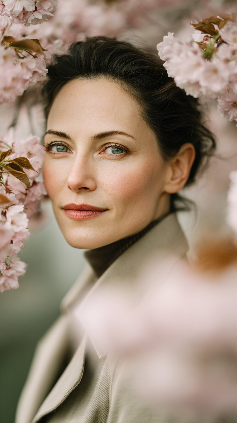 A close-up photo of a woman with green eyes and light makeup standing among pink cherry blossom flowers outdoors
