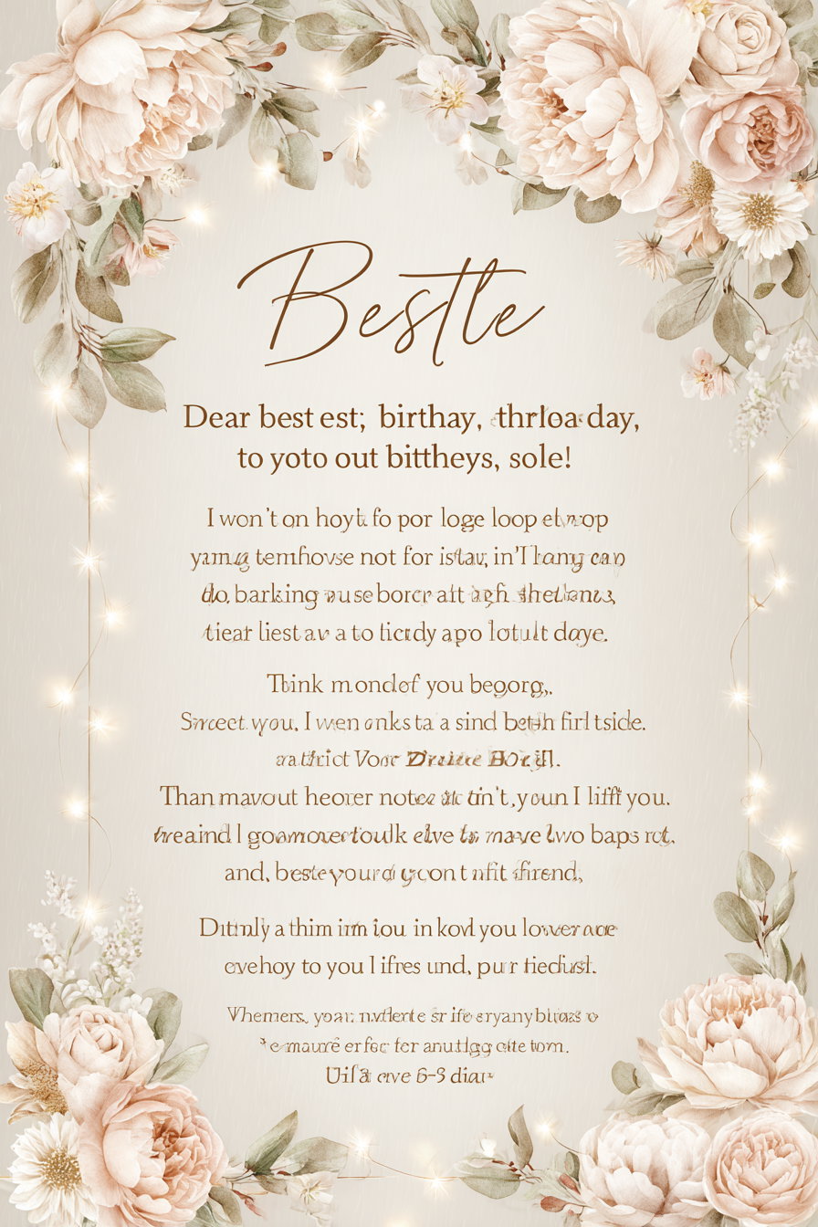 Decoration of delicate beige and cream flowers with green leaves surrounding a centered text with glowing light garlands on a soft cream background