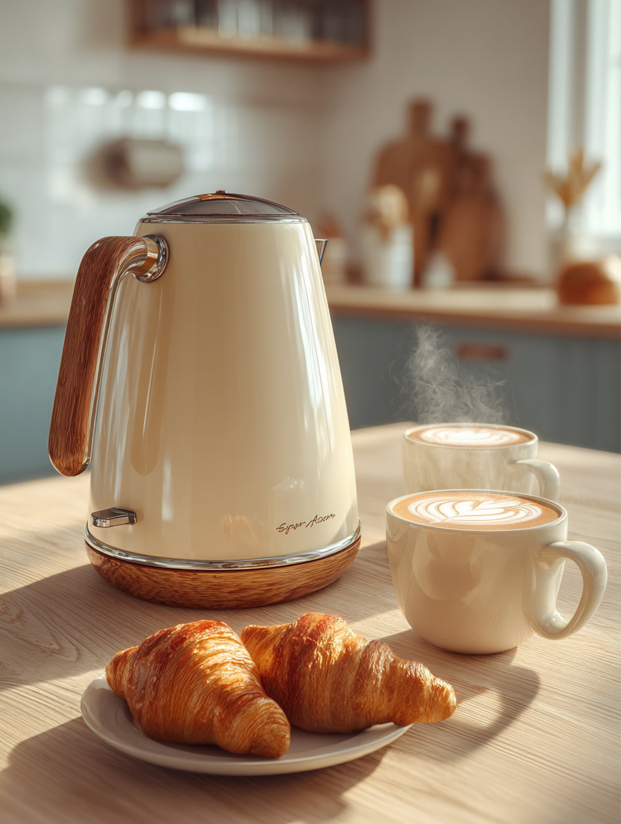 A cream-colored vintage kettle with wooden handle next to two steaming cups of coffee with latte art and a plate of golden croissants on a wooden kitchen table