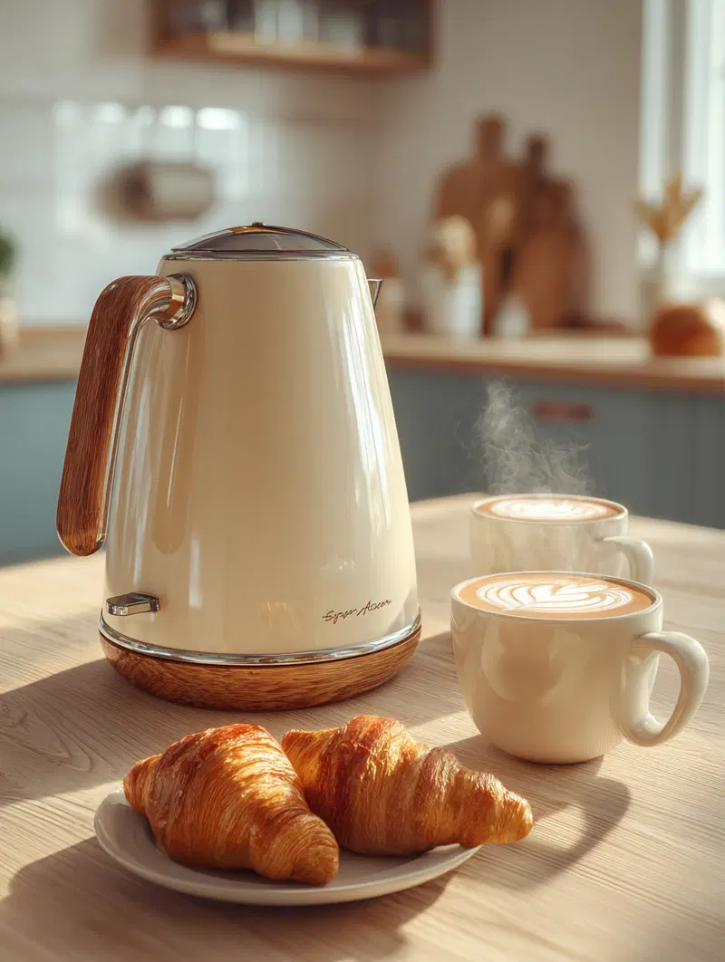 Cozy kitchen scene with vintage kettle, steaming coffee cups, and croissants