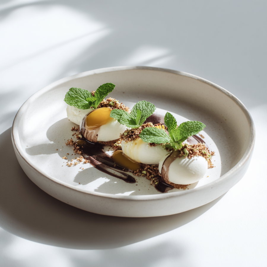 A white ceramic plate with three scoops of white dessert topped with fresh mint leaves, sprinkled with crumbs, and drizzled with chocolate sauce, all under soft natural light.