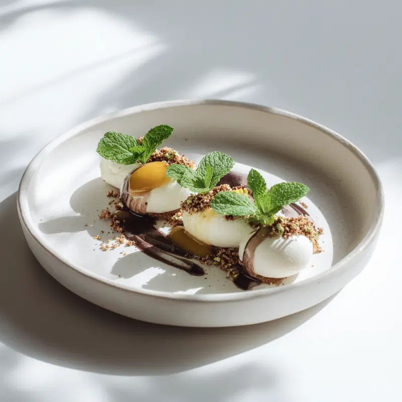 Artistic plated dessert with fresh herbs and chocolate drizzle