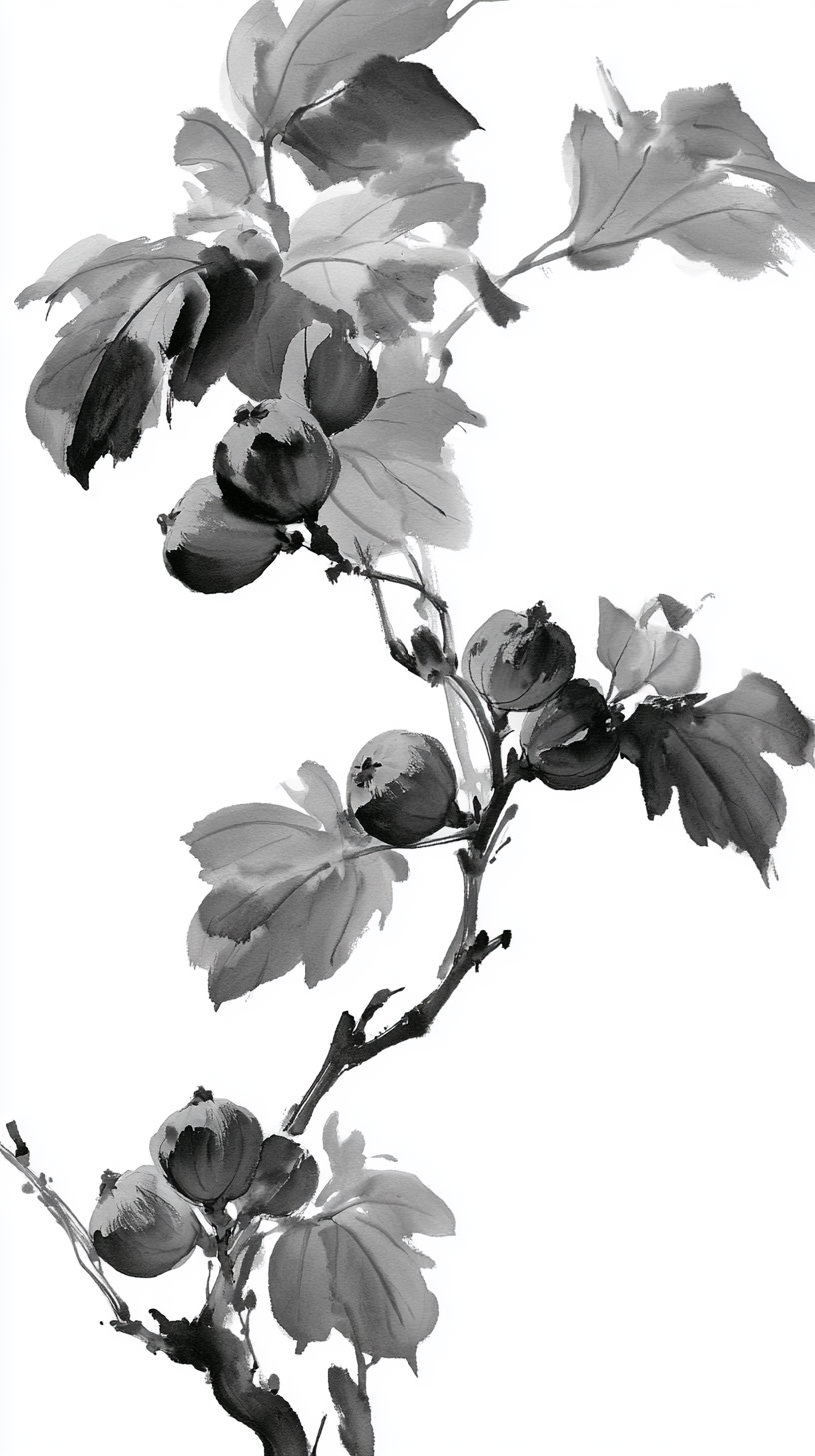Black and white ink brush painting of a branch with round berries and leaves on a white background