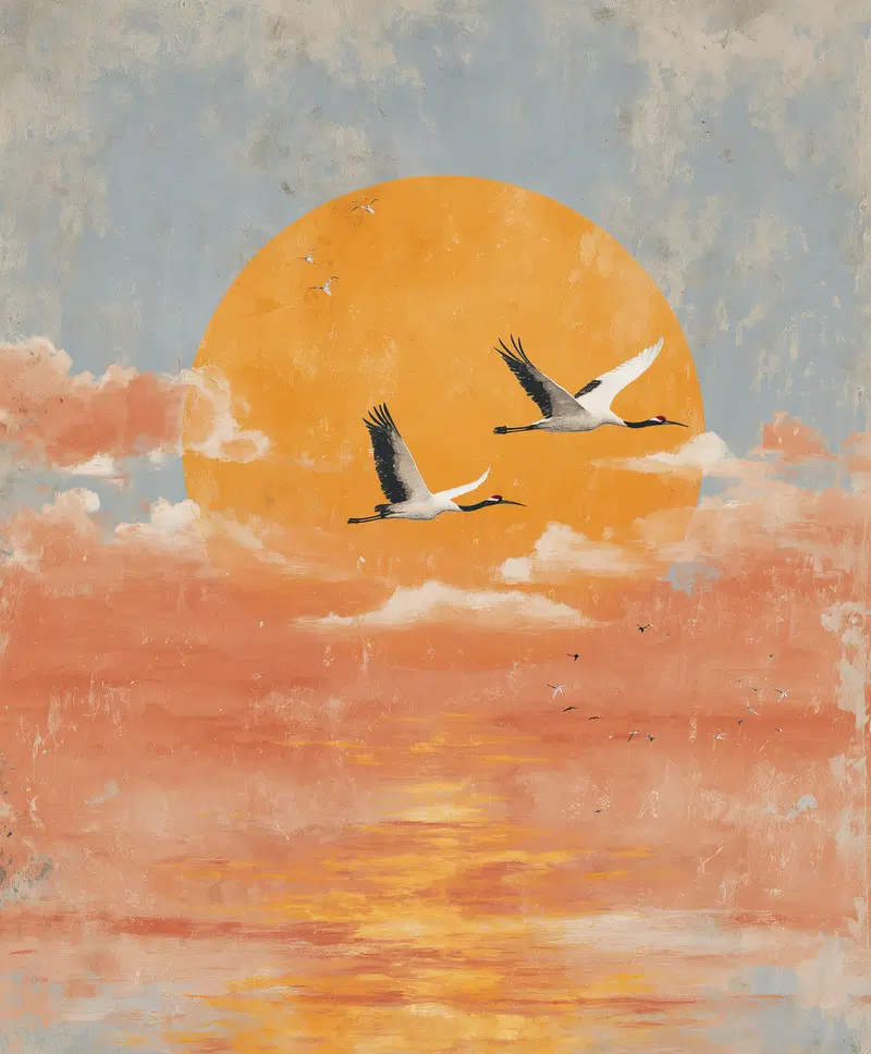 Elegant Bird Art Prints Featuring Cranes Flying Against a Sunlit Sky