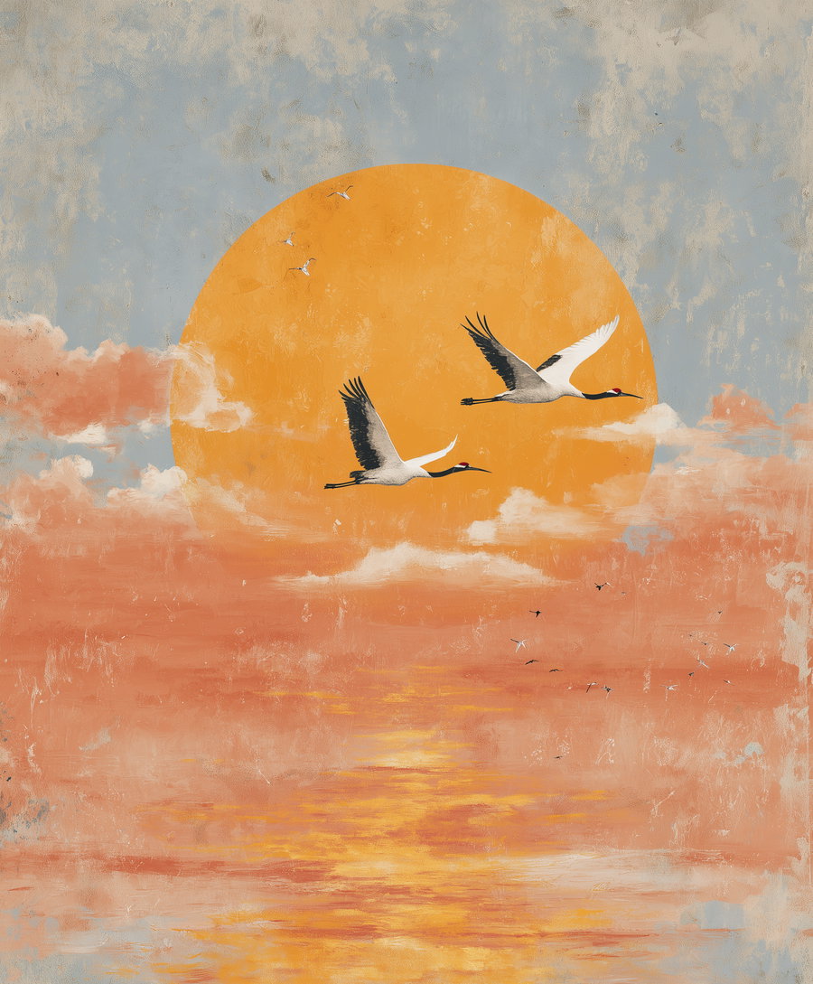 Artistic illustration of two cranes flying in front of a large orange sun with a background of orange clouds and light blue sky