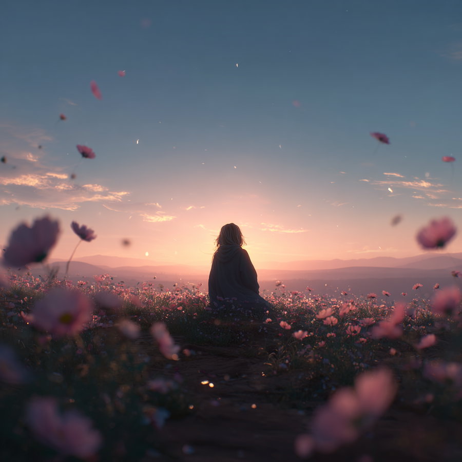 Silhouette of a person sitting in a meadow filled with pink flowers and petals drifting in the air during a vibrant sunset with mountains in the background