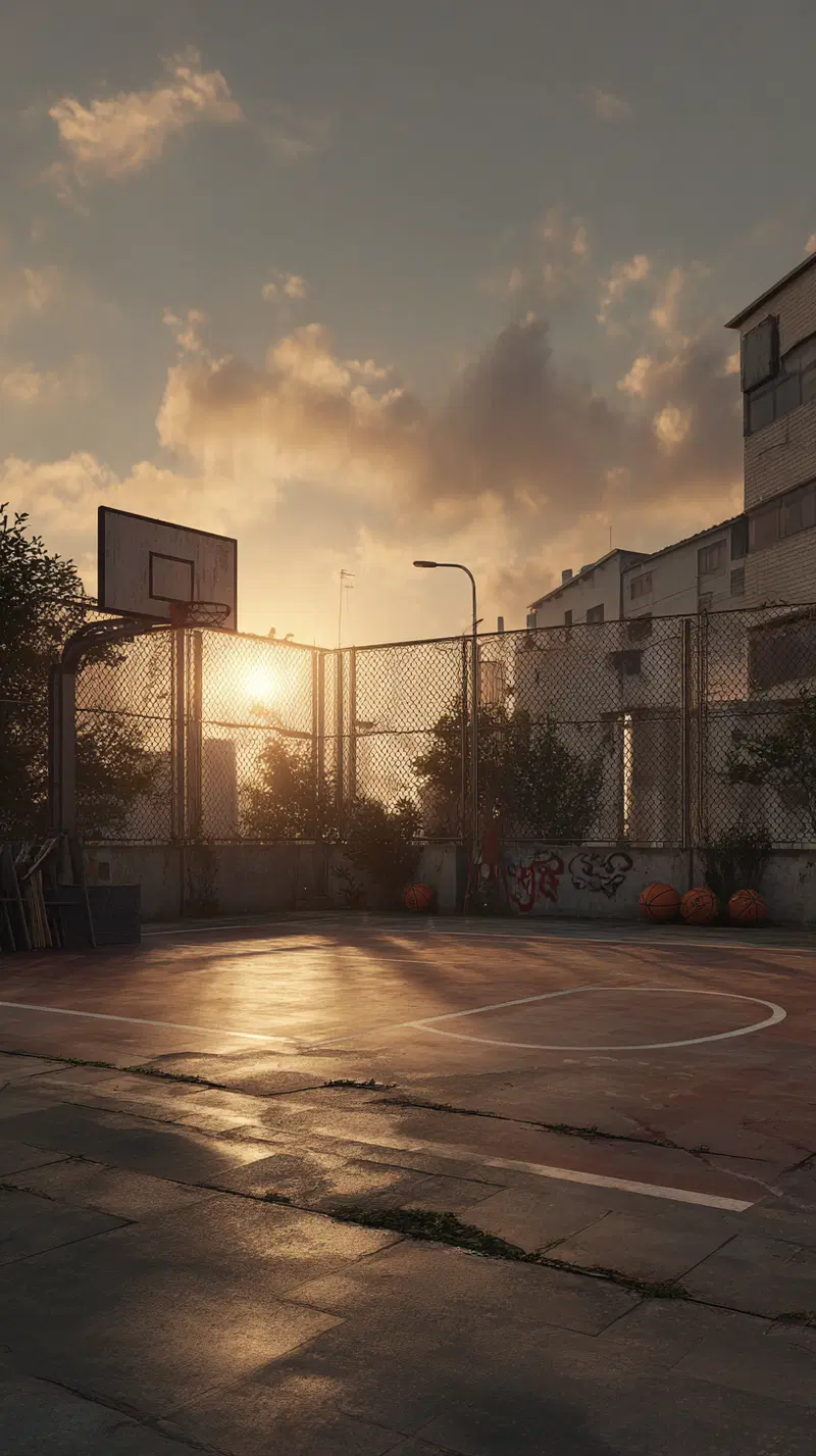 Sunset over an urban outdoor basketball court with a chain-link fence