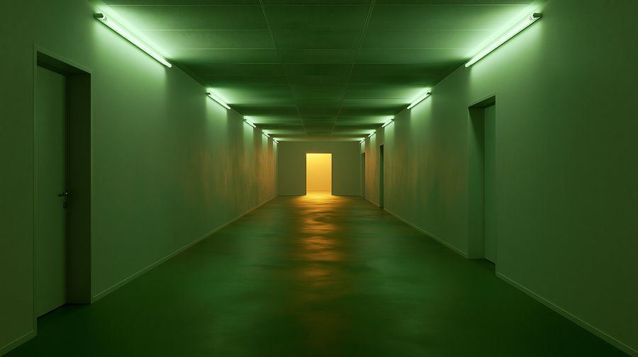 A long hallway with green walls and floor, illuminated by green fluorescent lights, with several closed doors on both sides and an open doorway emitting warm yellow light at the far end.