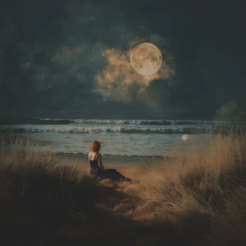 Moody night beach scene with a woman sitting on grassy dunes under a glowing full moon