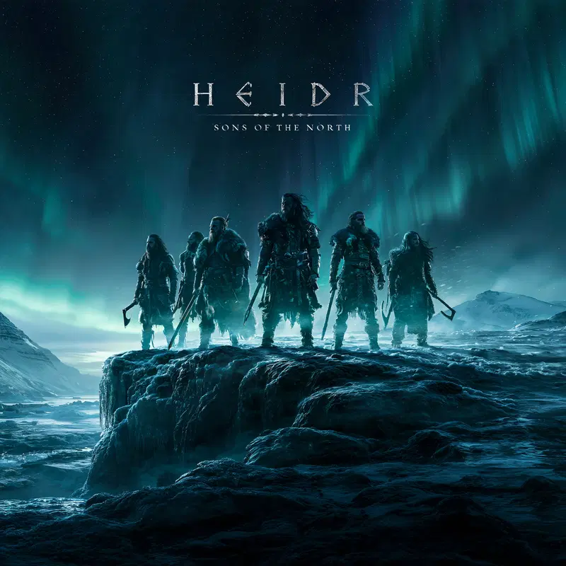 Vintage styled artwork featuring a group of warriors under the northern lights