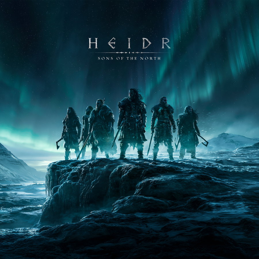 Six warriors standing on a rocky and icy terrain under a vibrant aurora borealis night sky