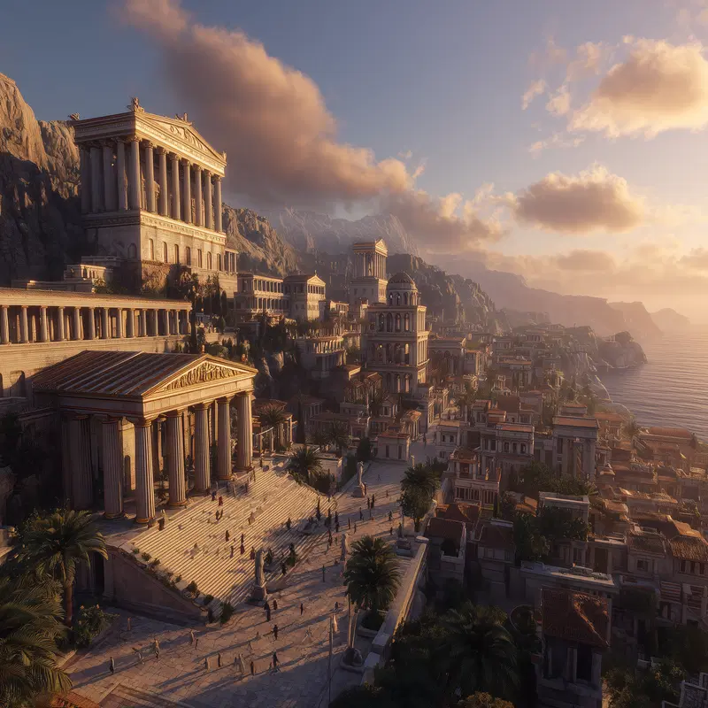 Ancient classical European cityscape with grand temples and sunset