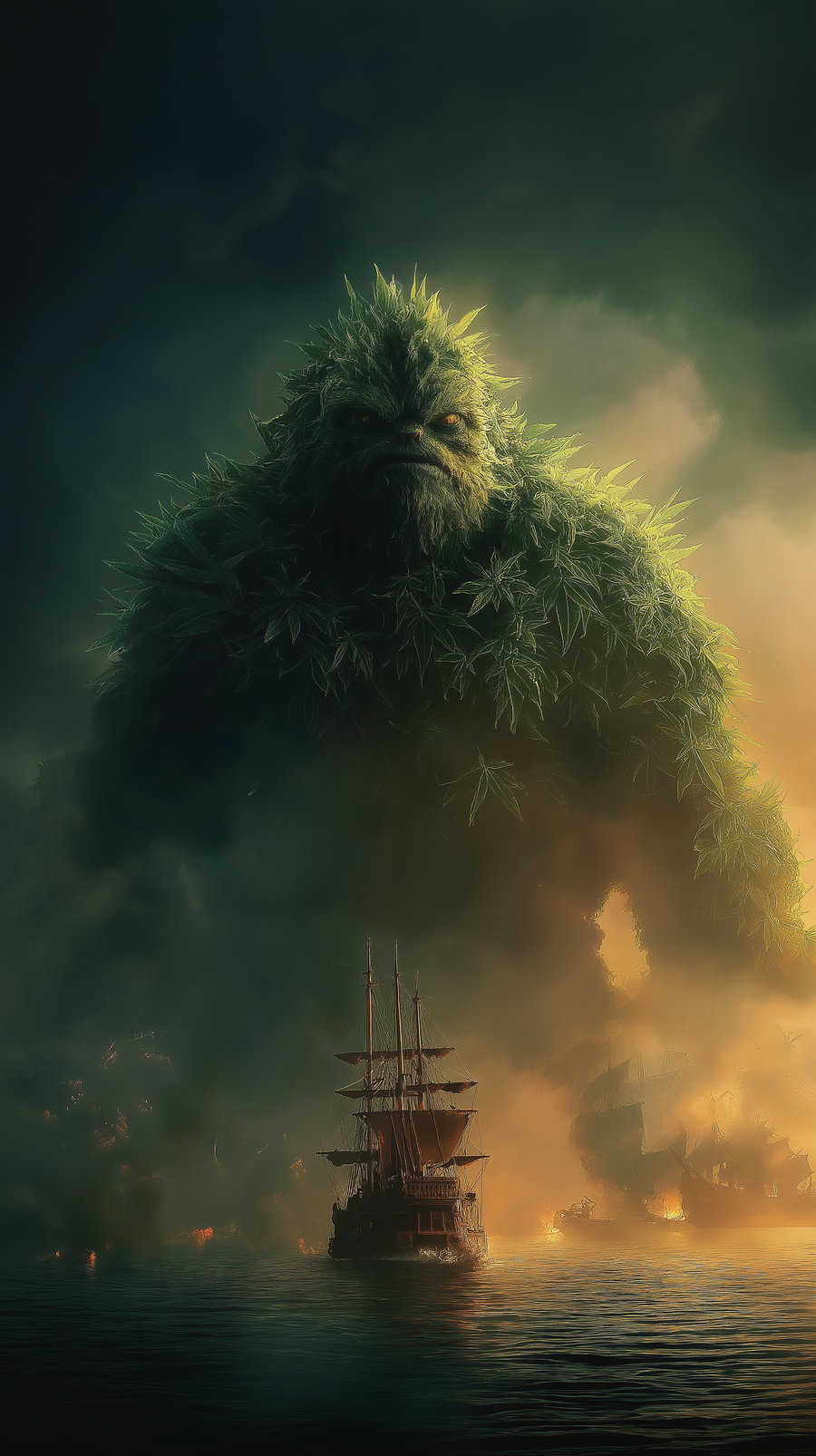 A gigantic creature made of green leaves and plants looms over several sailing ships on a dark and misty sea, with light breaking through the fog and illuminating parts of the creature and the ships.