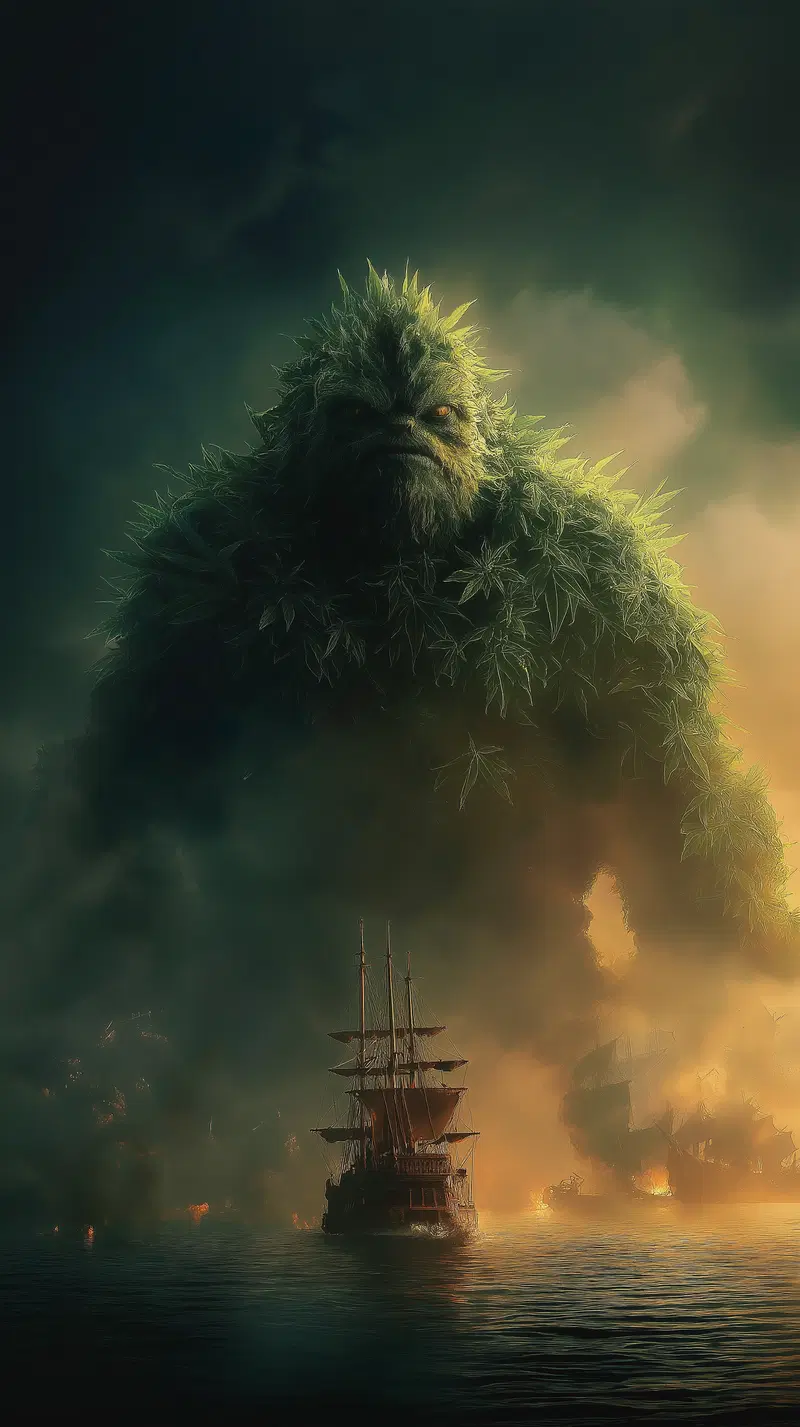 Massive Plant Creature Emerging Over Ships in Dark Foggy Sea Scene