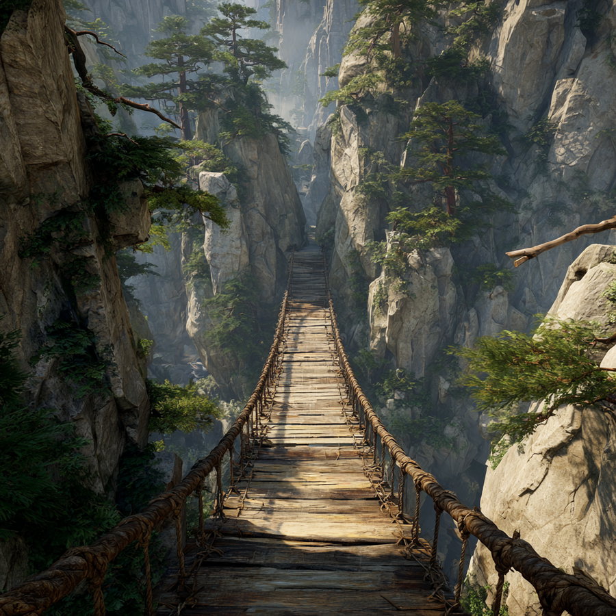 Wooden suspension bridge crossing steep rock cliffs with green trees and mist in the background