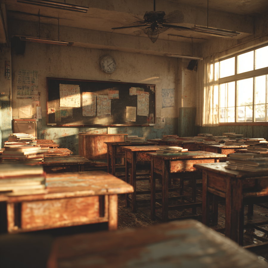 An old classroom with aged wooden desks arranged in rows, each desk piled with books, sunlight streaming through large windows illuminating a weathered blackboard and clock on the wall