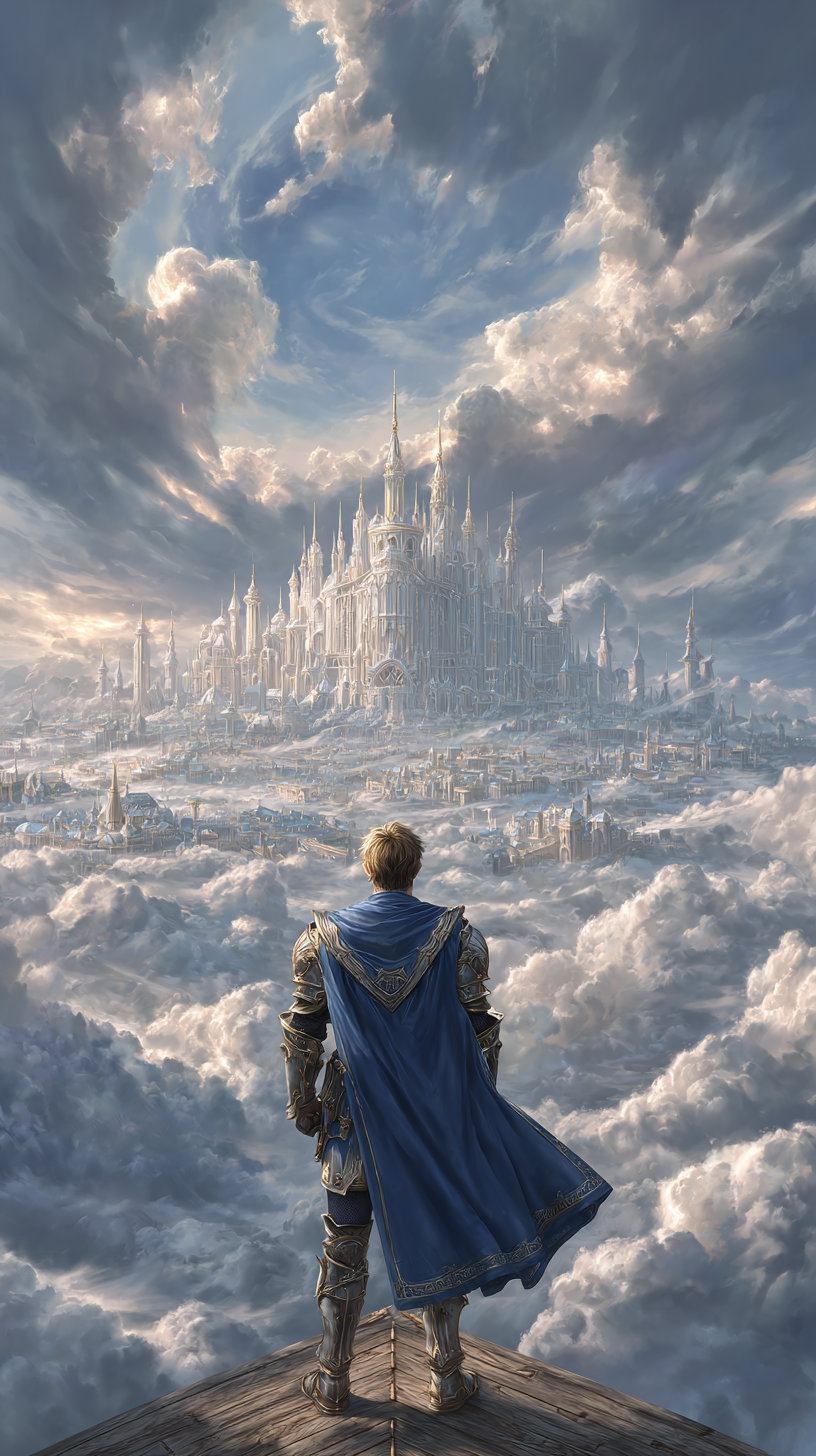 A fantasy scene featuring a knight in shiny armor and a blue cape standing on a wooden platform, looking at an elaborate white castle surrounded by clouds and a swirling cloudy sky