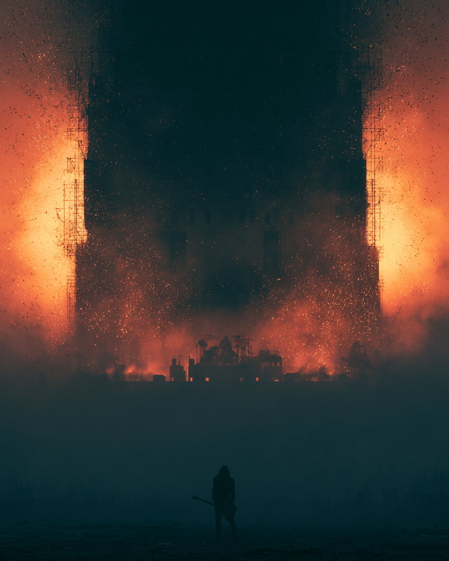 A silhouette of a person holding a guitar facing a stage with a drummer and intense fire and sparks generating an orange glow in a dark atmosphere