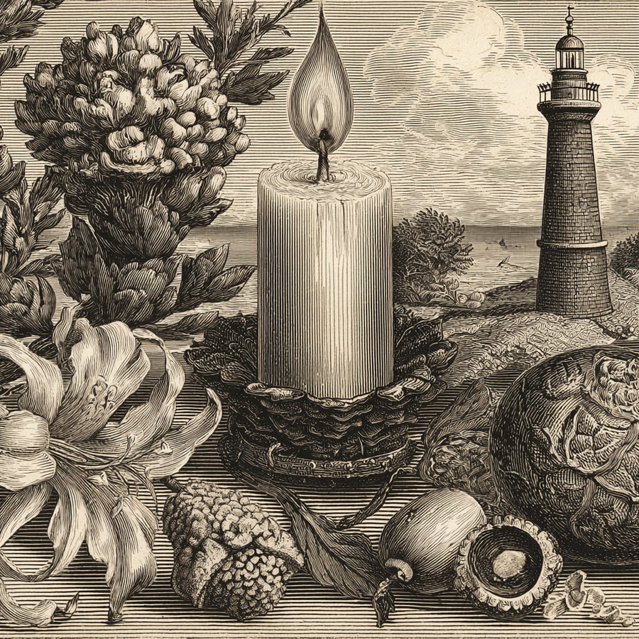Black and white antique engraving showing a lit candle on a pine cone base surrounded by detailed flowers, seeds, and a lighthouse in the background