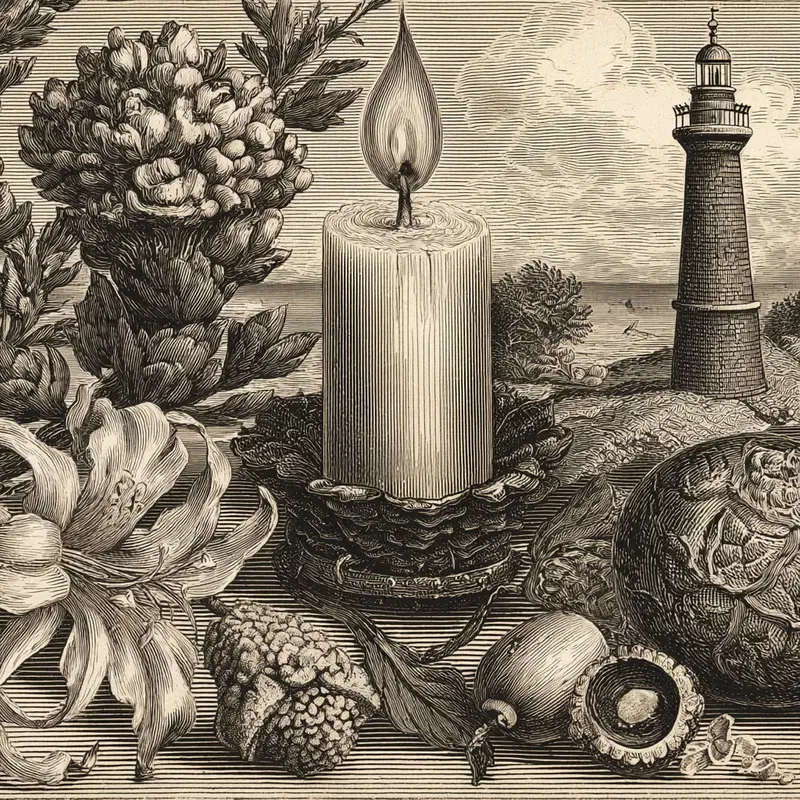 Antique black and white engraving featuring a candle, flowers, seeds, pine cone, and a lighthouse