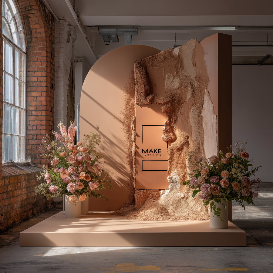 An artistic wall display in a spacious room featuring a textured peach-colored panel with an arch shape and two vases of pink and peach flowers on either side, illuminated by natural light from large windows.