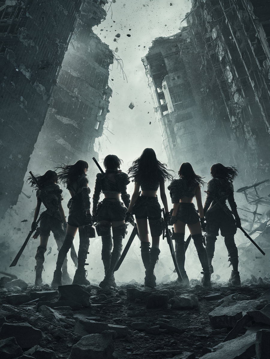 silhouettes of six women standing in a desolate, rubble-strewn area between two tall, crumbling buildings, holding various weapons in a dark, moody environment
