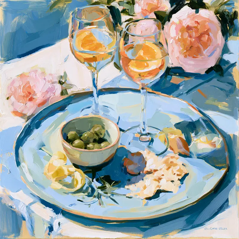 Still life painting with wine glasses, olives, and flowers on a table