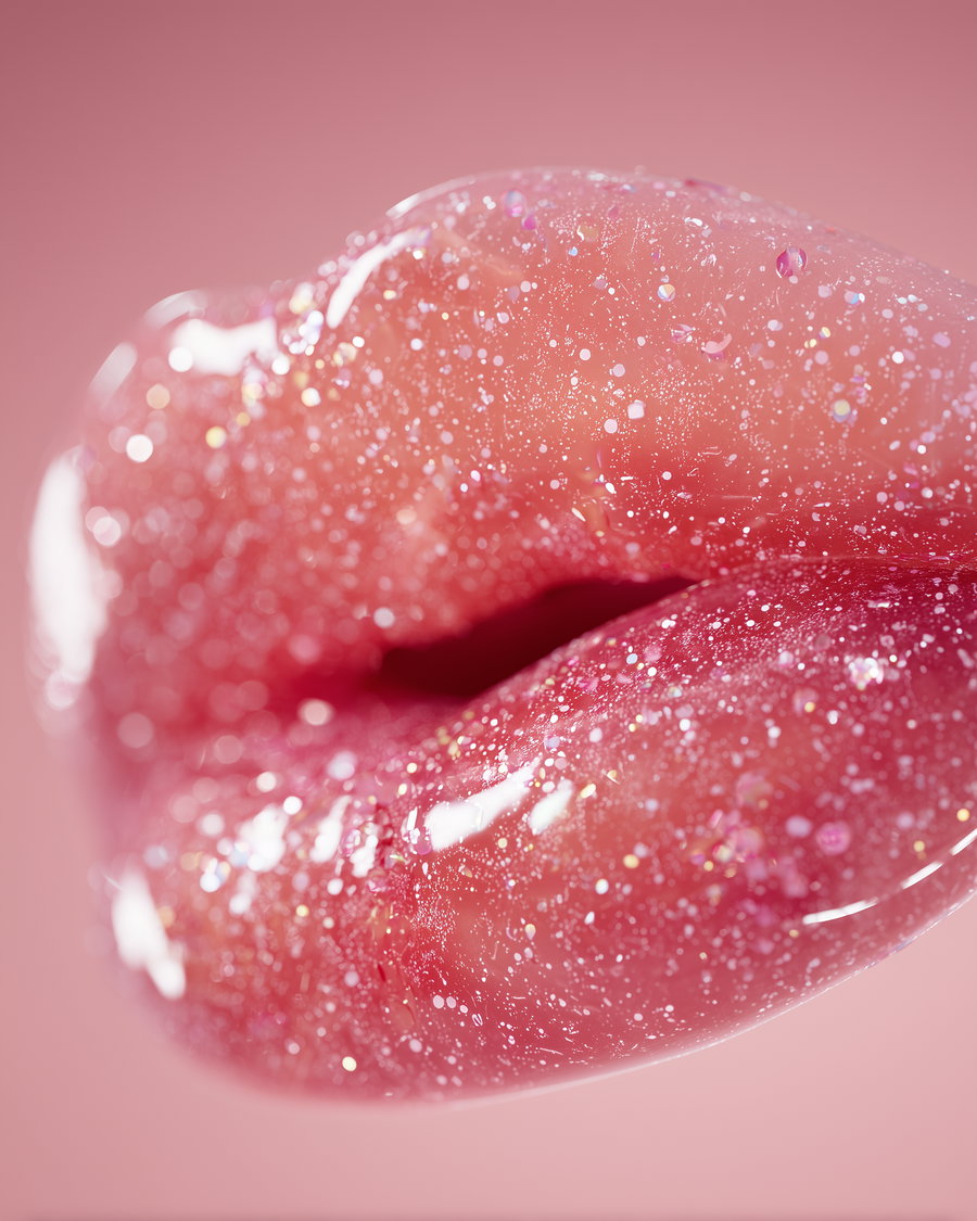 Highly detailed close-up of lips with transparent glittery gloss against a pink background