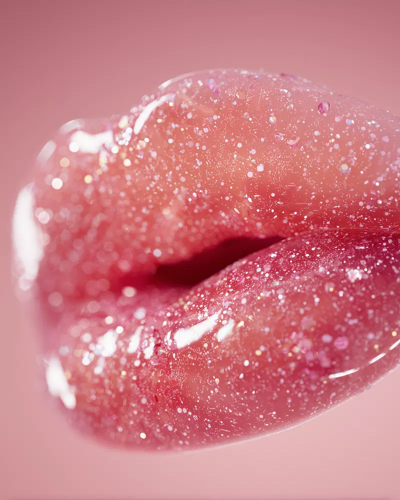 Close-up of glossy, glitter-covered lips on a soft pink background