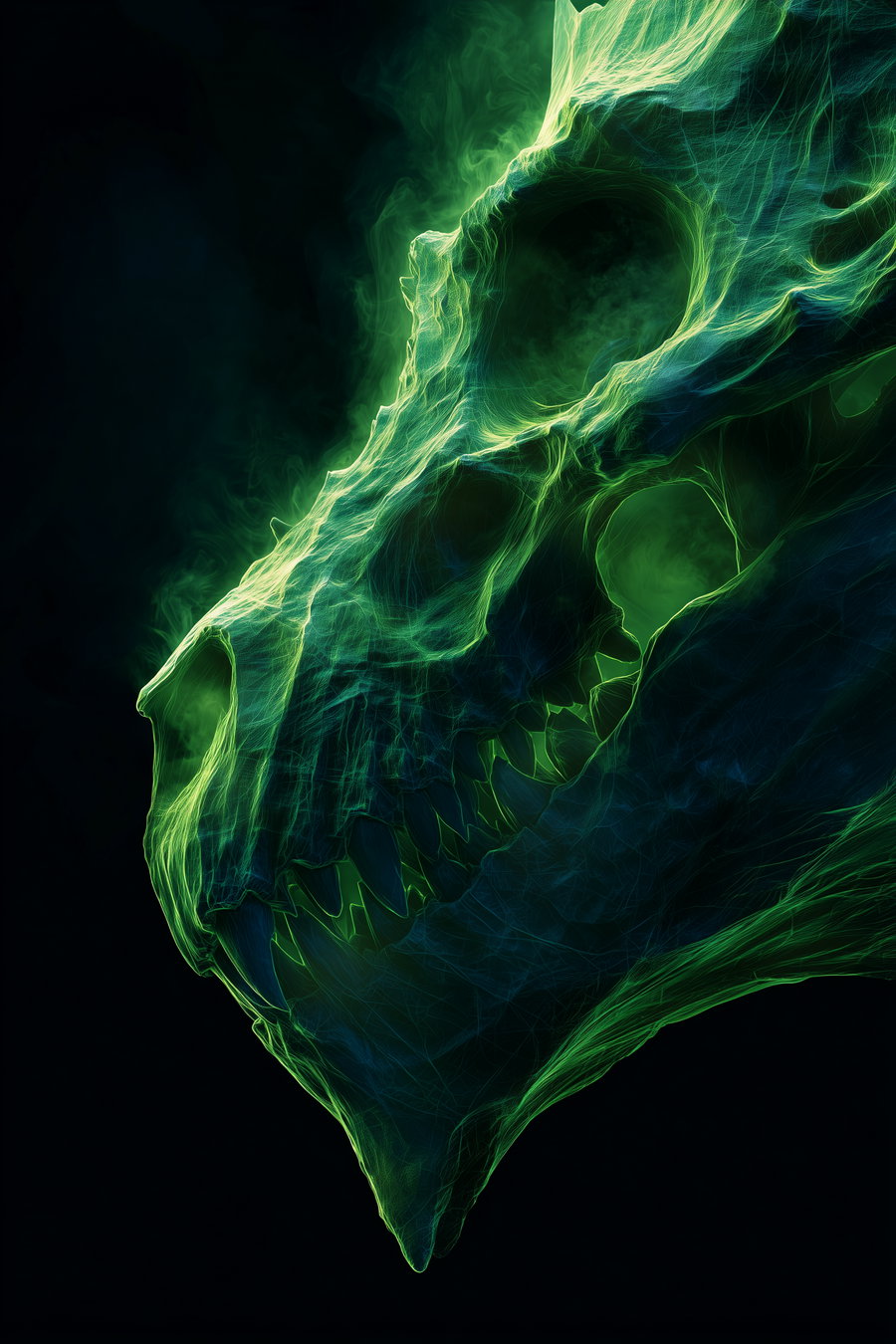 Close-up of a glowing green dinosaur skull with smoke-like wisps against a dark background