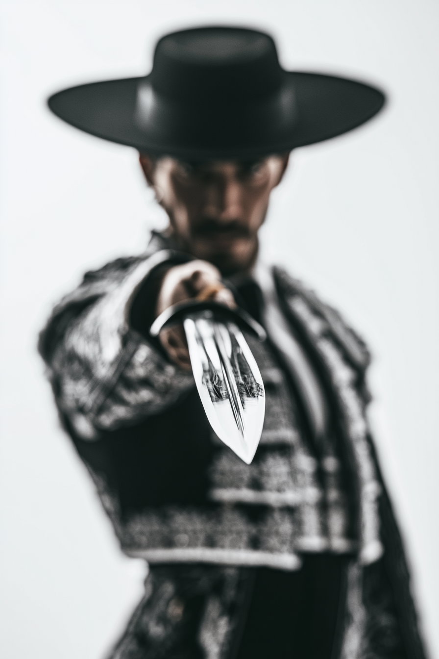 Man wearing traditional European style clothing and wide-brimmed hat, holding a sword pointed towards the camera, background blurred