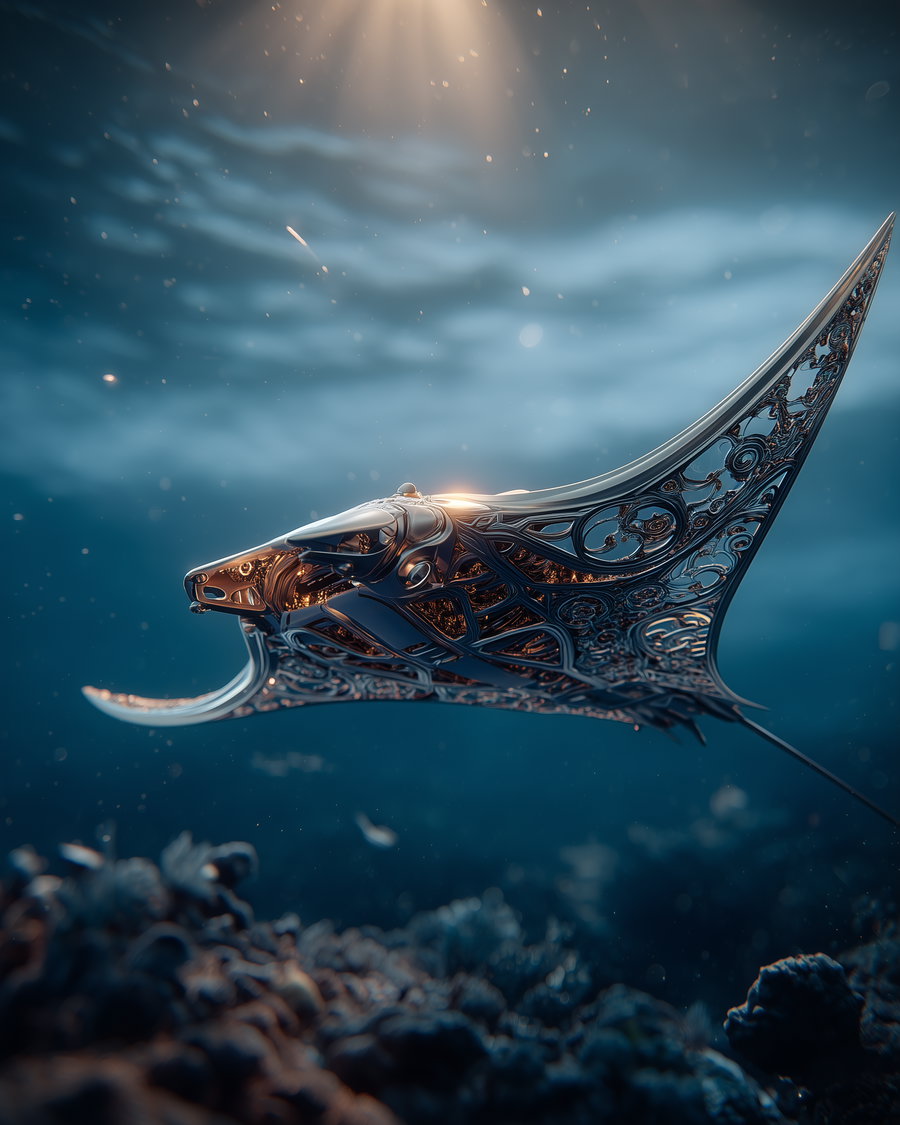 A metallic manta ray with ornate, filigree patterns swimming underwater illuminated by soft glowing light