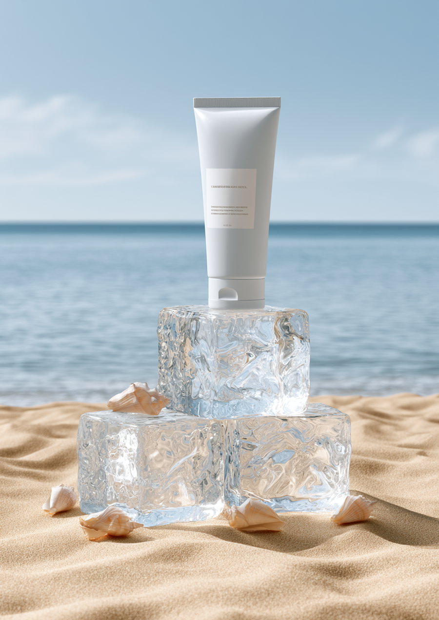 A tube of skincare product placed on top of clear ice cubes, surrounded by seashells on sand, with a beach and ocean backdrop.