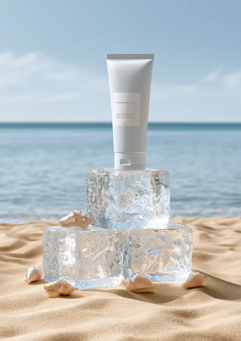 Relaxing Coastal Scene Featuring Skincare on Ice