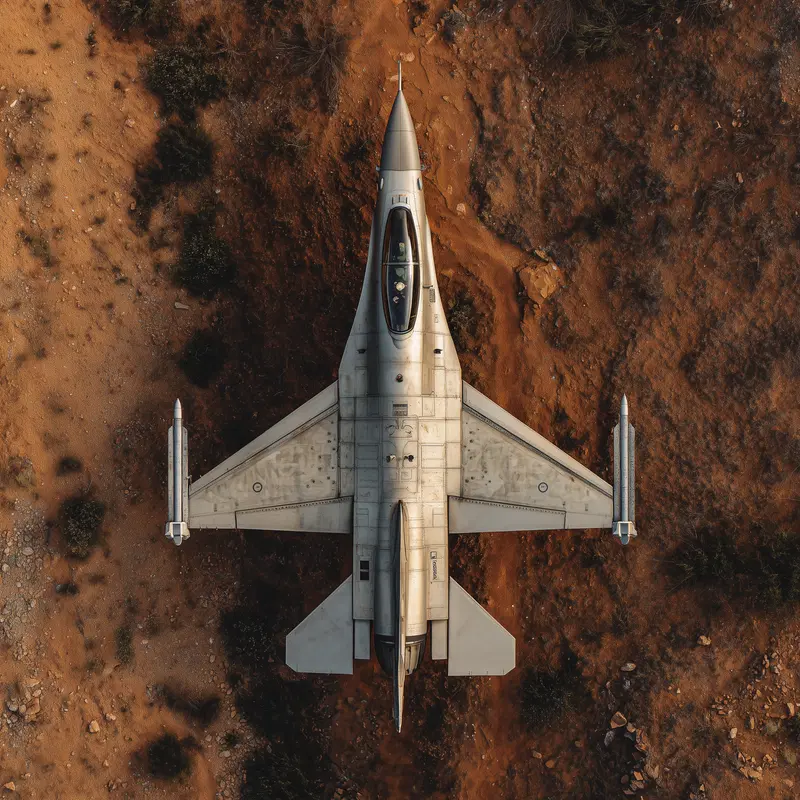 Aerial view of a military jet fighter on a dry landscape background