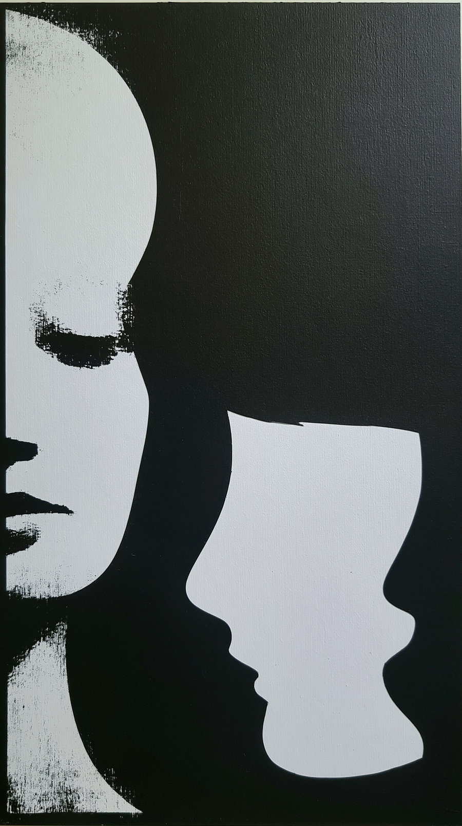 Abstract black and white painting showing two faces in high contrast, one face on the left side with rough brush details and a profile face in white on the right side