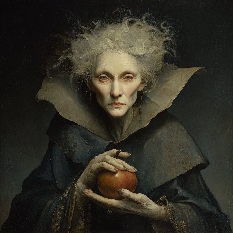 An older woman with pale skin and wild gray hair wears dark, elaborate clothing with a high collar and holds a red apple in her hands against a dark background