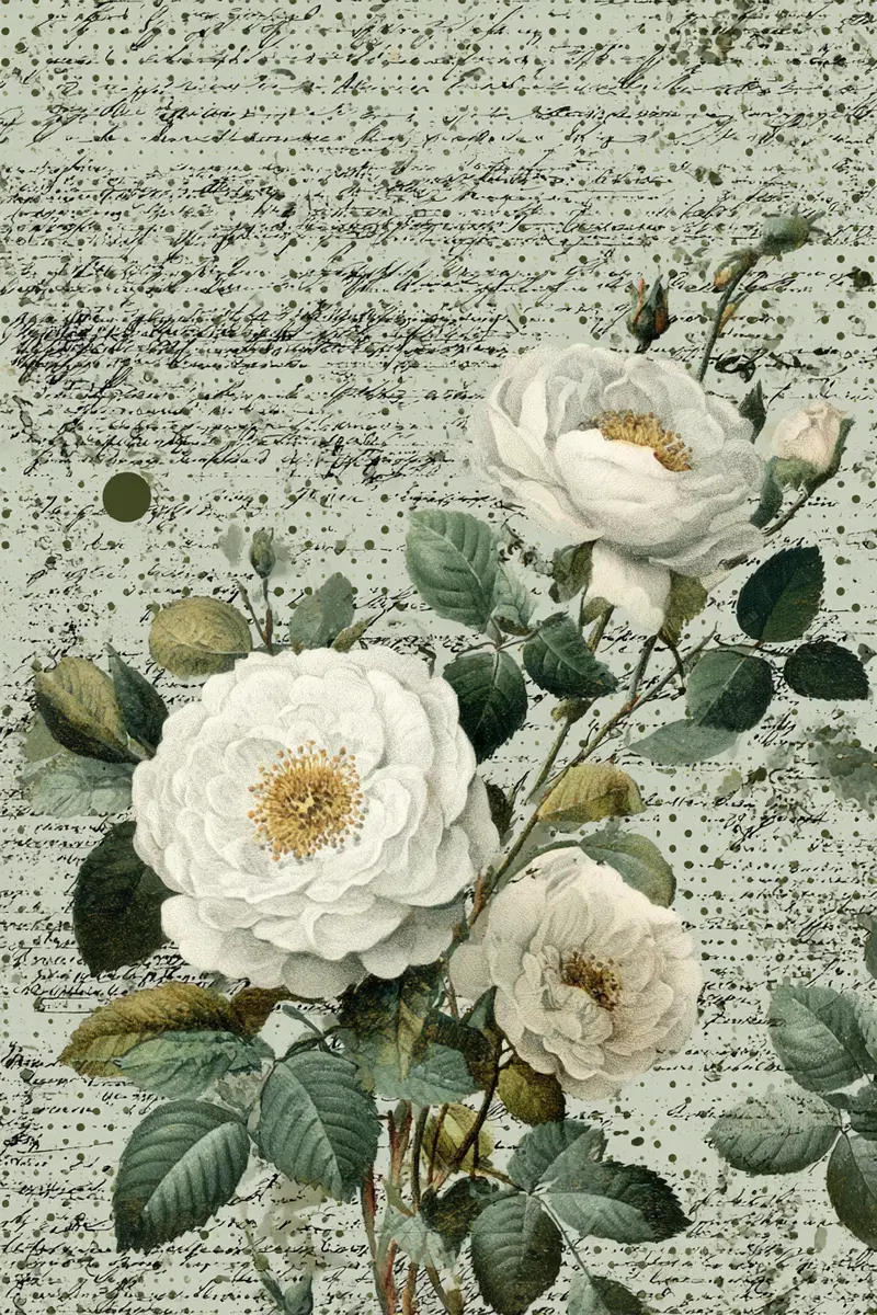 Vintage botanical print featuring white roses with script background