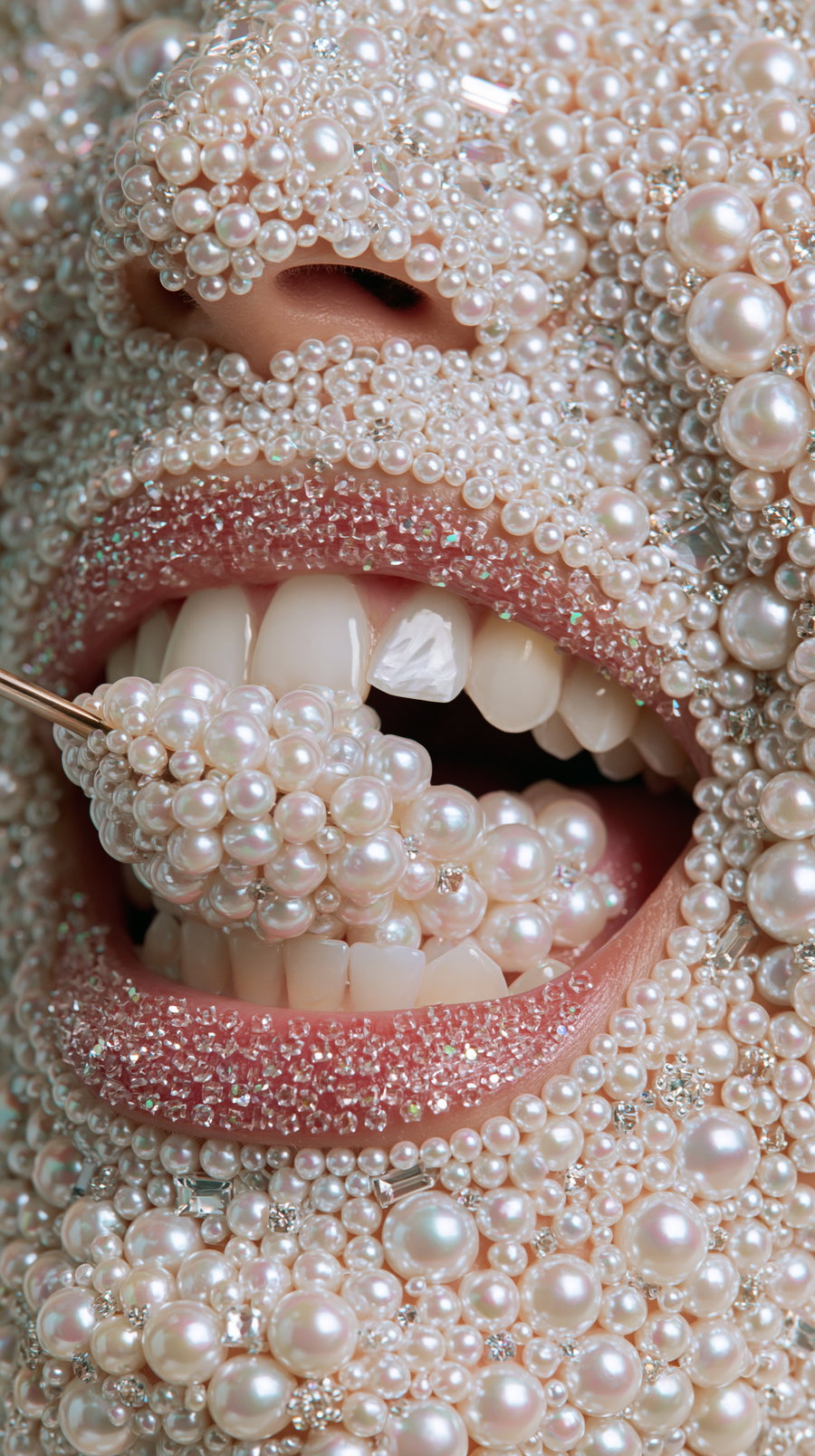 Extreme close-up of a human face with mouth open, skin covered in various-sized pearls and crystals, lips adorned with pink crystals and a pearl-covered sculpted element held near the mouth