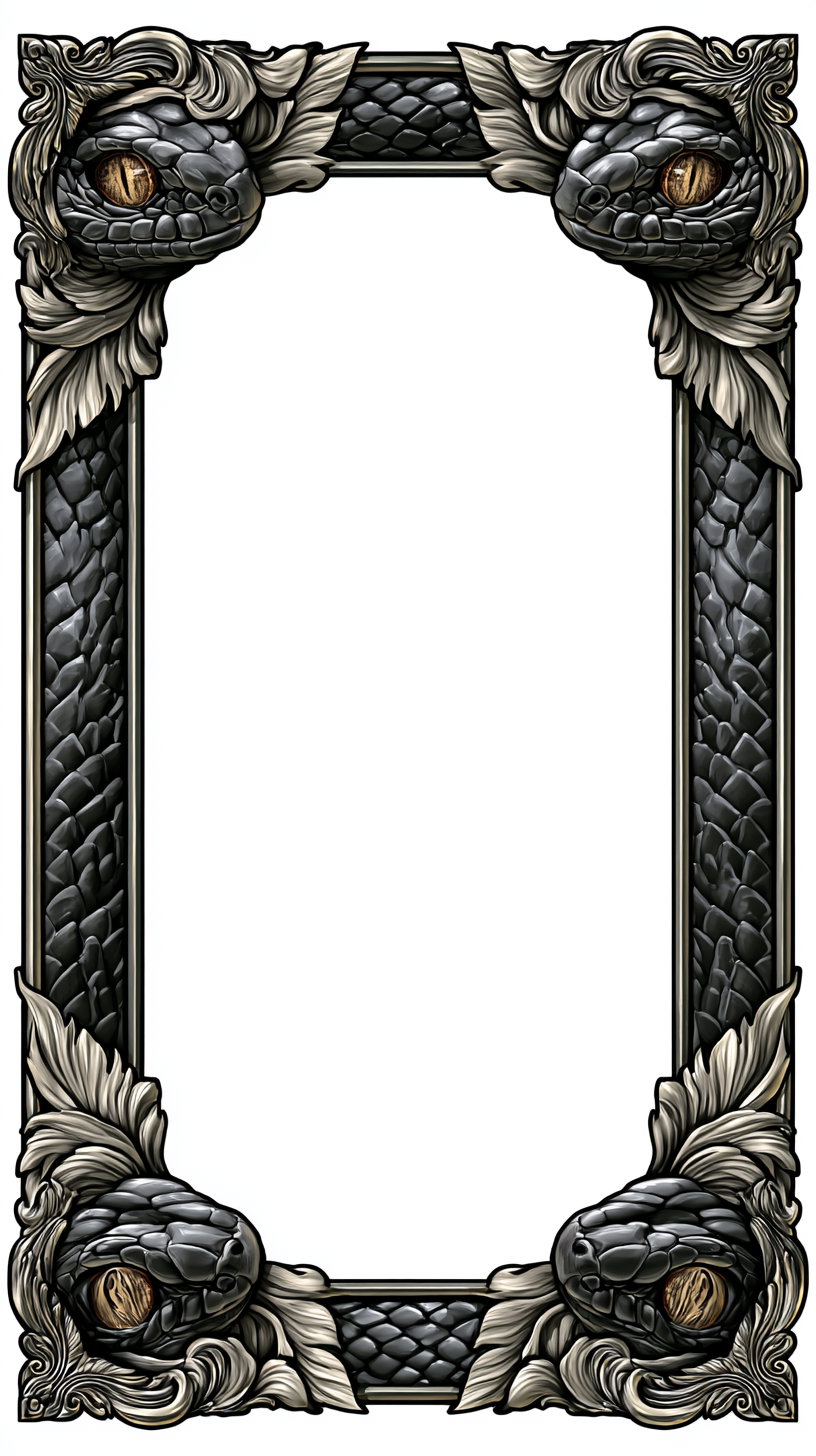 Ornate rectangular frame featuring four snake heads with golden eyes in each corner and intricate leaf motifs along scaled borders