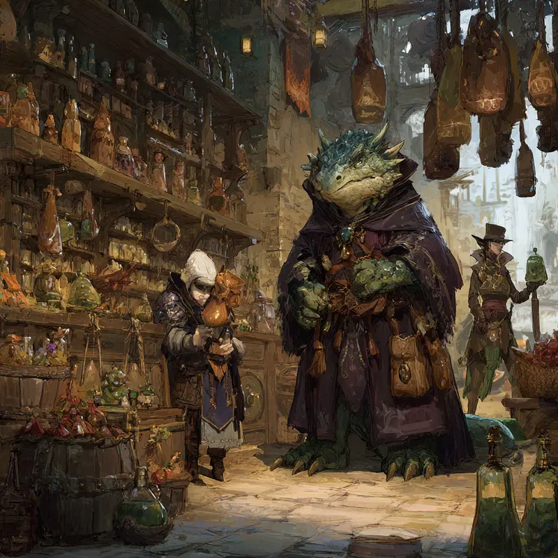 Fantasy scene with a humanoid reptile and robed figures in a medieval apothecary