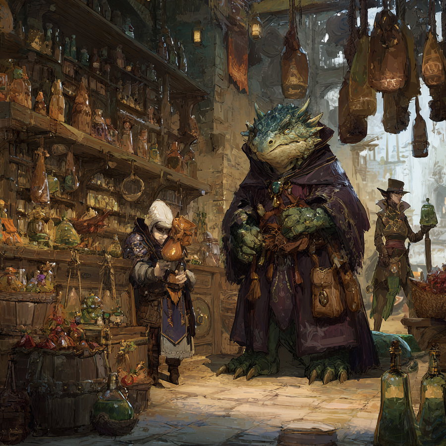 A detailed fantasy illustration depicting a large humanoid reptile wearing a regal cloak, accompanied by two robed figures inside a medieval style apothecary or potion shop filled with bottles, herbs, and hanging jars.