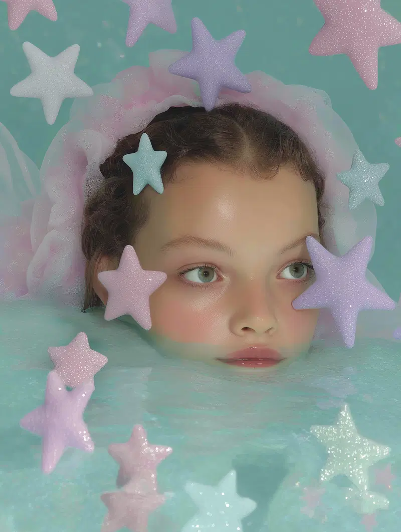 Surreal portrait of a girl surrounded by pastel star shapes in water